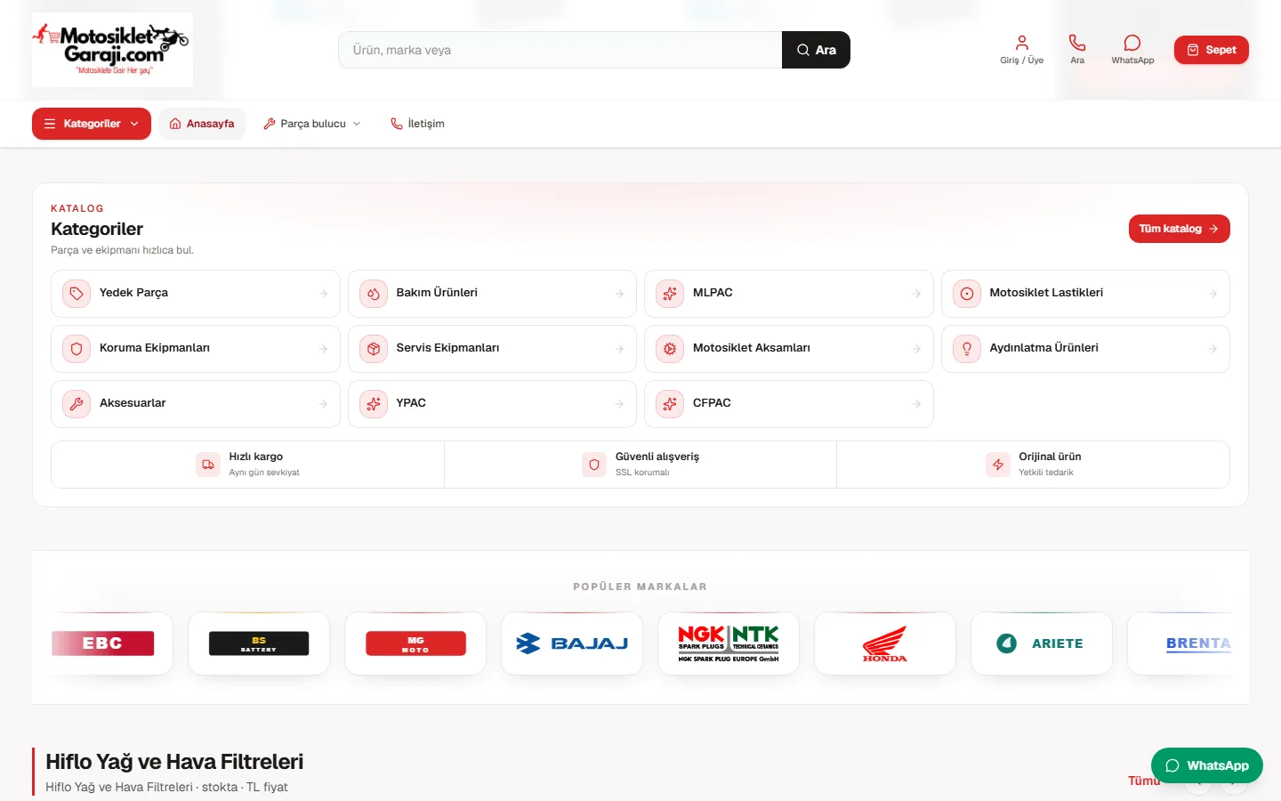 Motosiklet Garajı katalog kategorileri ekranı