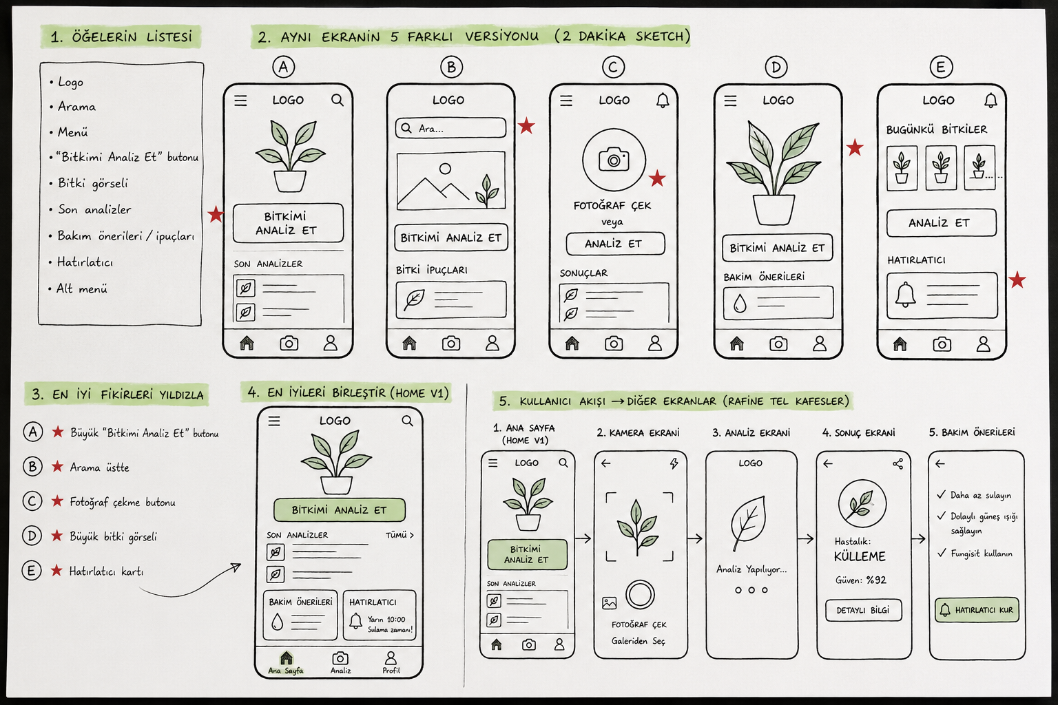 PlantCare dijital wireframe ekranları
