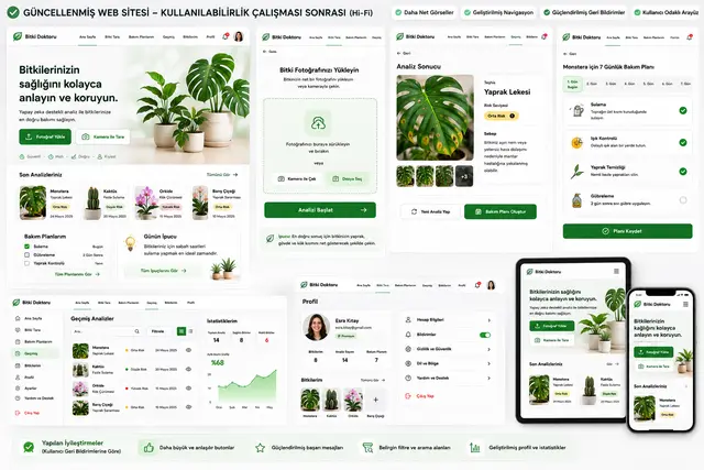 PlantCare high-fidelity mobil ve web ekranlarından derlenmiş prototip görseli